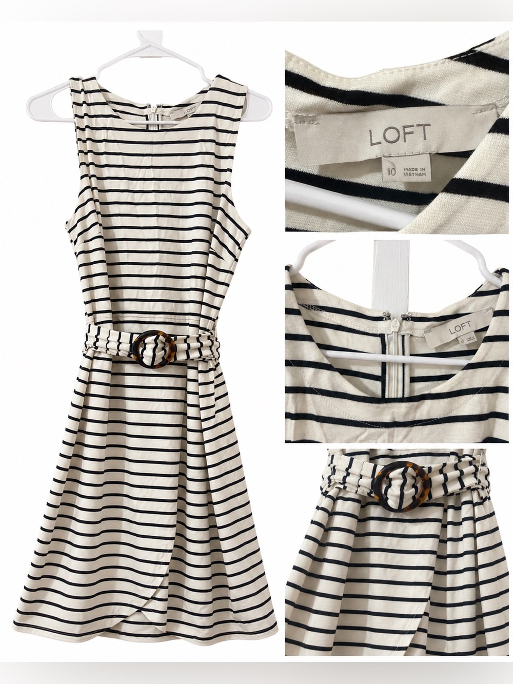 LOFT Cream and Black Striped Sleeveless Belted Mini Dress